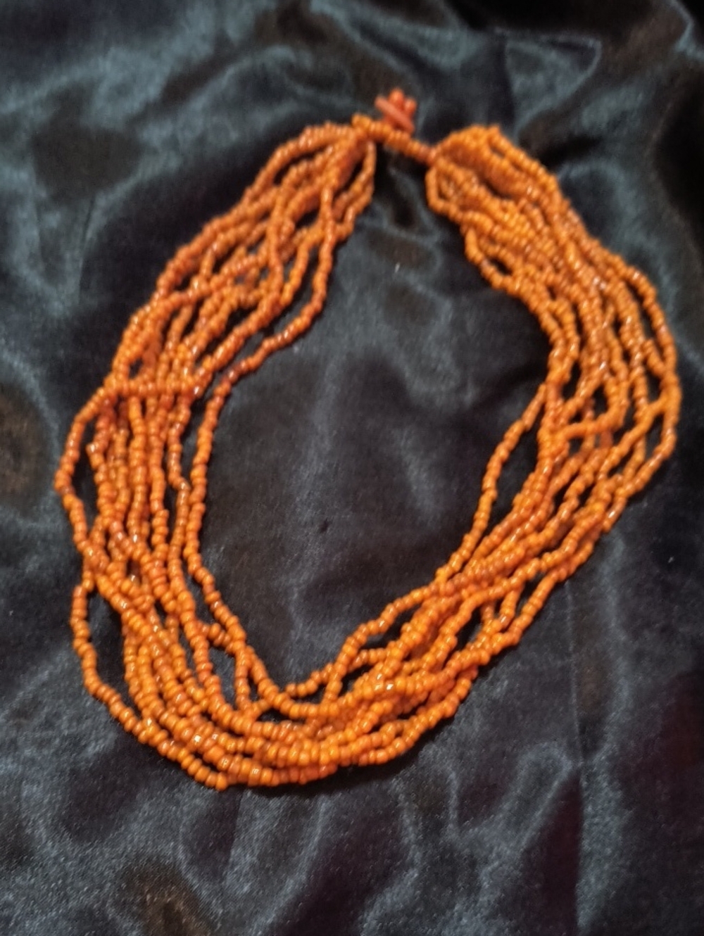 Vintage African Handmade Pumpkin Orange 10-Strand Beaded Necklace